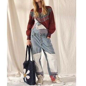 WE THE FREE PEOPLE Sz S PIECED PATCH OVERALLS DENIM JUMPER